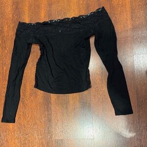Emma & Sam Black Off-Shoulder Long Sleeve Lace Trim Top